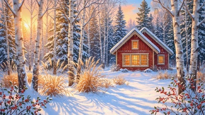 唯美冬雪树林木屋