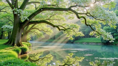 晨光林间河流唯美自然风景