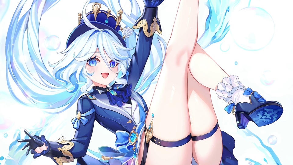 水蓝渐变卷发动漫少女穿镶金深蓝礼服，抬手抬腿，背景有半透气泡与淡蓝水纹。
