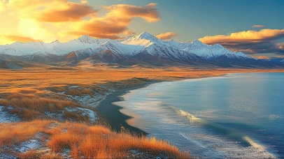 黄昏秋日雪山湖泊