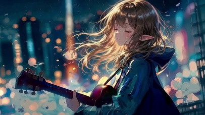 雨夜街头弹吉他的精灵少女
