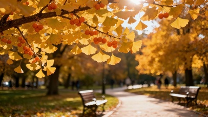雨后的公园长椅上的秋日治愈时光