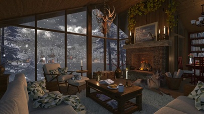 雪天湖边别墅小屋