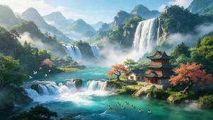 仙山楼阁飞瀑