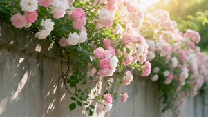 春天院墙上蔷薇花