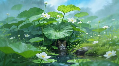 雨天荷叶下躲雨猫咪
