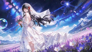 薰衣草花海里的白纱少女