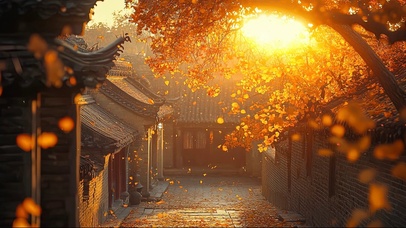 秋日金色落叶古镇