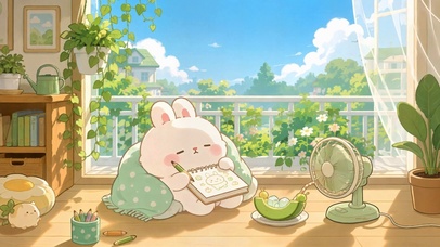 夏日窗前可爱萌兔绘画日常
