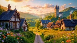 夕阳山地乡村小屋