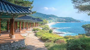 蓝天阳光海岛海岸古建