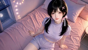 粉色卧室双马尾清纯美女