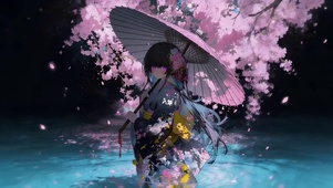 樱花湖面女孩