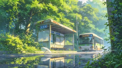 雨天公交车站