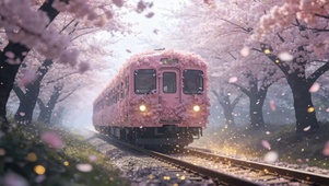 樱花树木火车