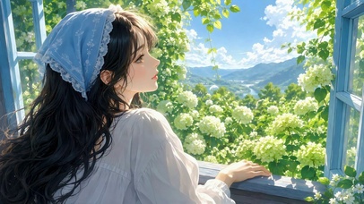 窗边少女眺望春日山野