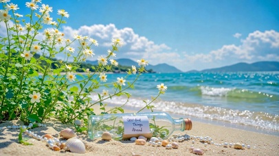 海边沙滩漂流瓶治愈风景