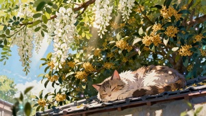 桂花书下一只小猫静静的睡着了