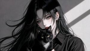 酷飒黑衣美少女与黑猫