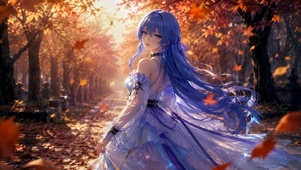秋林蓝发少女