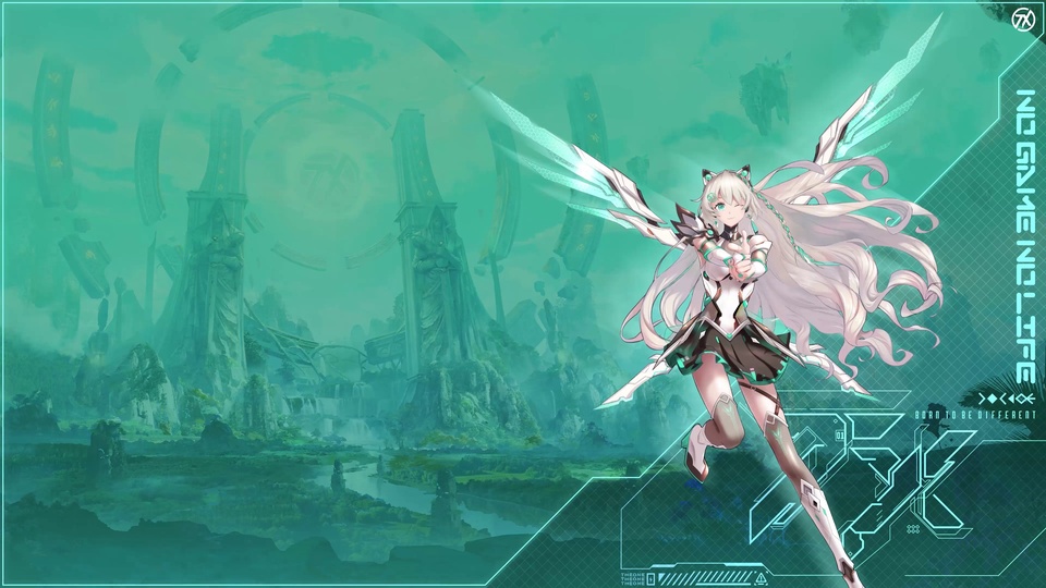 翡翠绿朦胧背景中，白发猫耳机甲少女摆出双手指向前的姿势，身后是浮空遗迹与自然山谷。