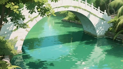 清新绿色湖面拱桥
