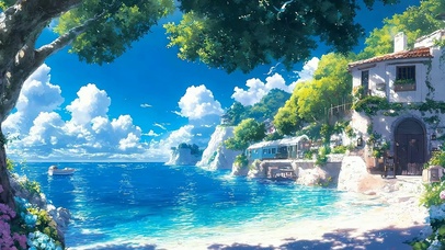 白云树木海景