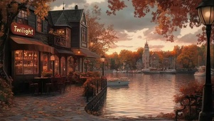 河岸秋日枫叶傍晚酒馆