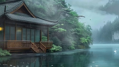 古风护眼绿景河流带鱼屏