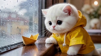 雨天窗边的可爱小白猫