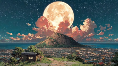 俯瞰月下山谷小镇