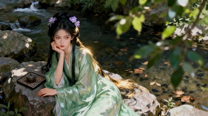 古风野外小溪旁的汉服美人发呆