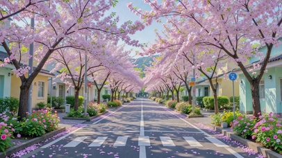 春日樱花浪漫街道美景