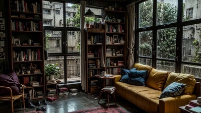 【雨景】雨天在书房读书休息