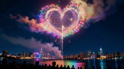 浪漫爱心烟花城市夜景
