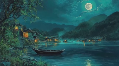 山林湖畔古城圆月风景