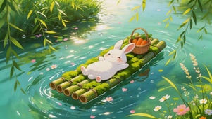 夏日竹筏上小兔