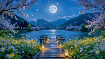 满月下的湖光花径