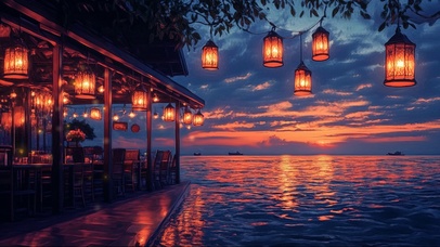 海边晚霞落日浪漫酒馆