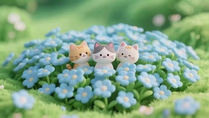 花丛中3只可爱的猫咪
