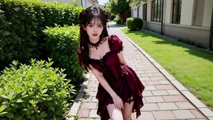 别墅草坪旁红色纱衣少女1