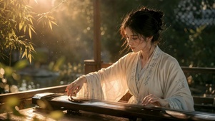 古风汉服女子抚琴夕照