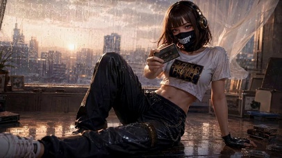 雨窗耳机少女