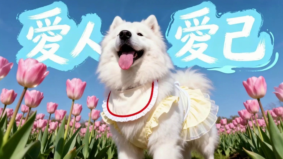 白毛宠物犬身着淡黄蕾丝裙，站在粉色郁金香花田中，背景是澄澈蓝天。