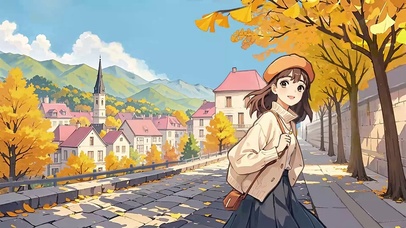 在乡间小路散步的少女