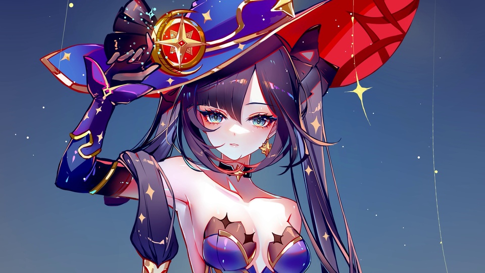 原神角色莫娜的胸像近景，她佩戴带有星月金色徽章的宽檐尖顶魔法帽，身着紫蓝配色占星术士风格服饰，背景是点缀金色星芒的藏蓝色渐变星空。