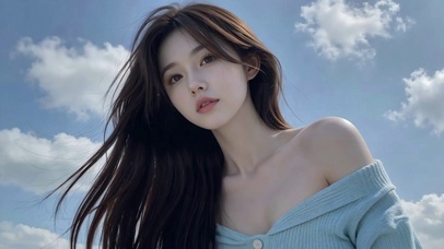 蓝天白云下的清纯长发美女