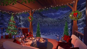 雪夜湖畔圣诞木屋