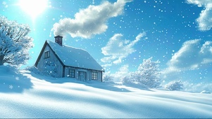 冬日蓝天雪山温馨木屋