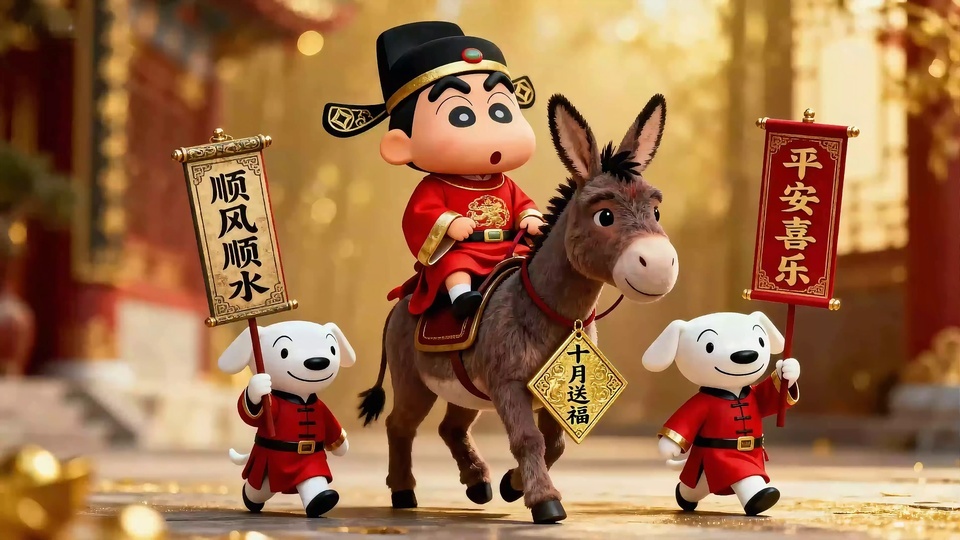 戴黑官帽穿红金官服的3D卡通小男孩骑深棕毛驴，两只白小狗持祈福卷轴，背景是暖金色虚化古建街景。